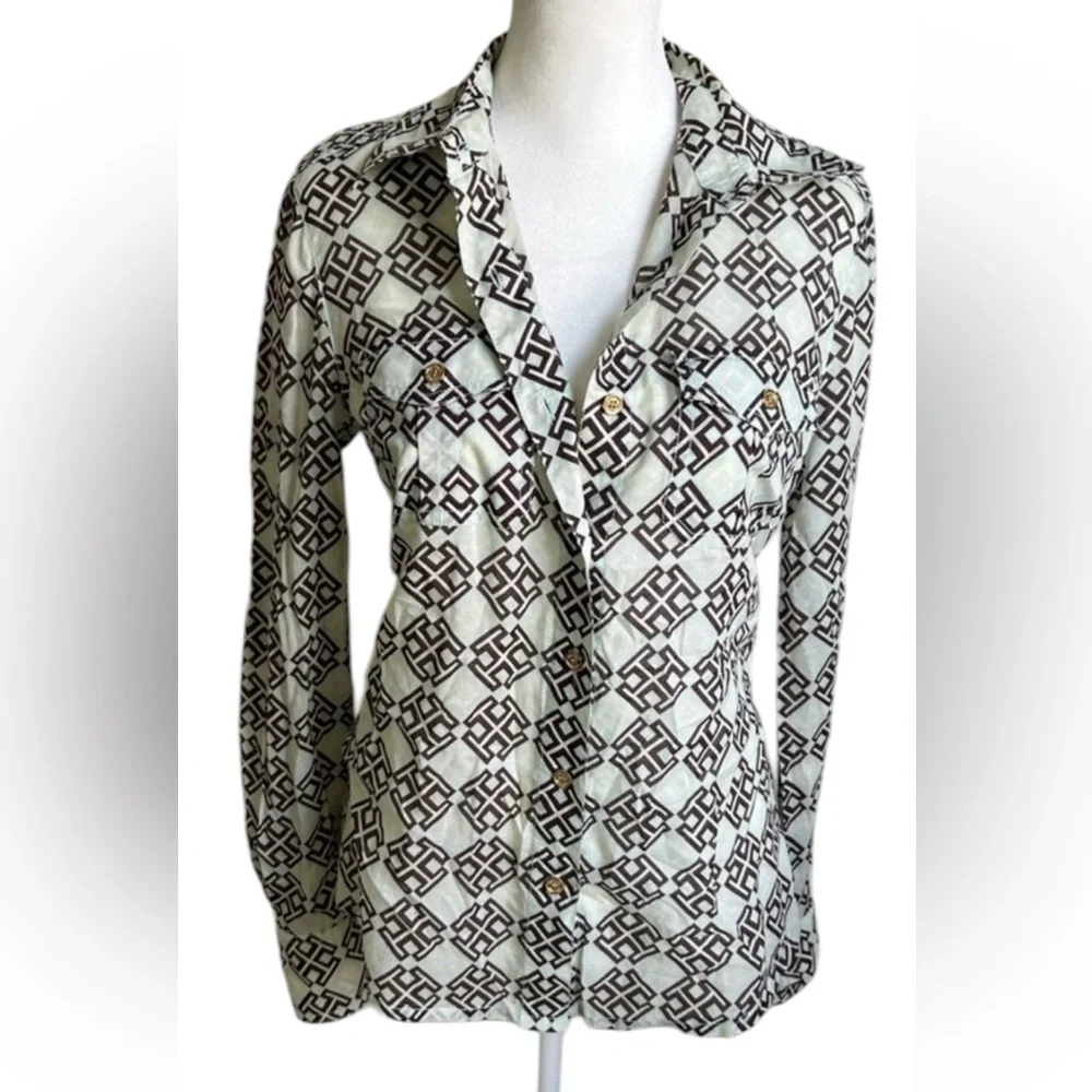 ▶️ Tory Burch Logo Print Blouse Women 2 Sheer Button Front Collared Long Sleeve